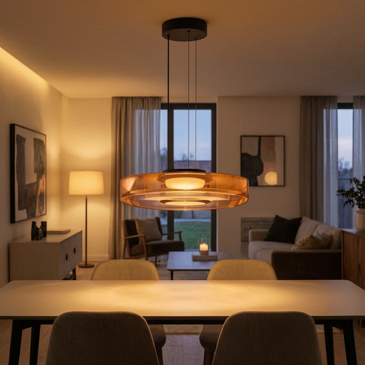 Lámpara colgante de vidrio Bauhaus encendida sobre una mesa