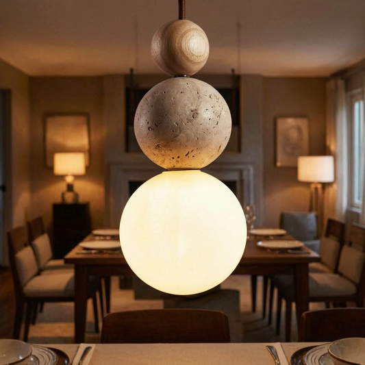 Lámpara colgante Cleonice encendida sobre una mesa de comedor