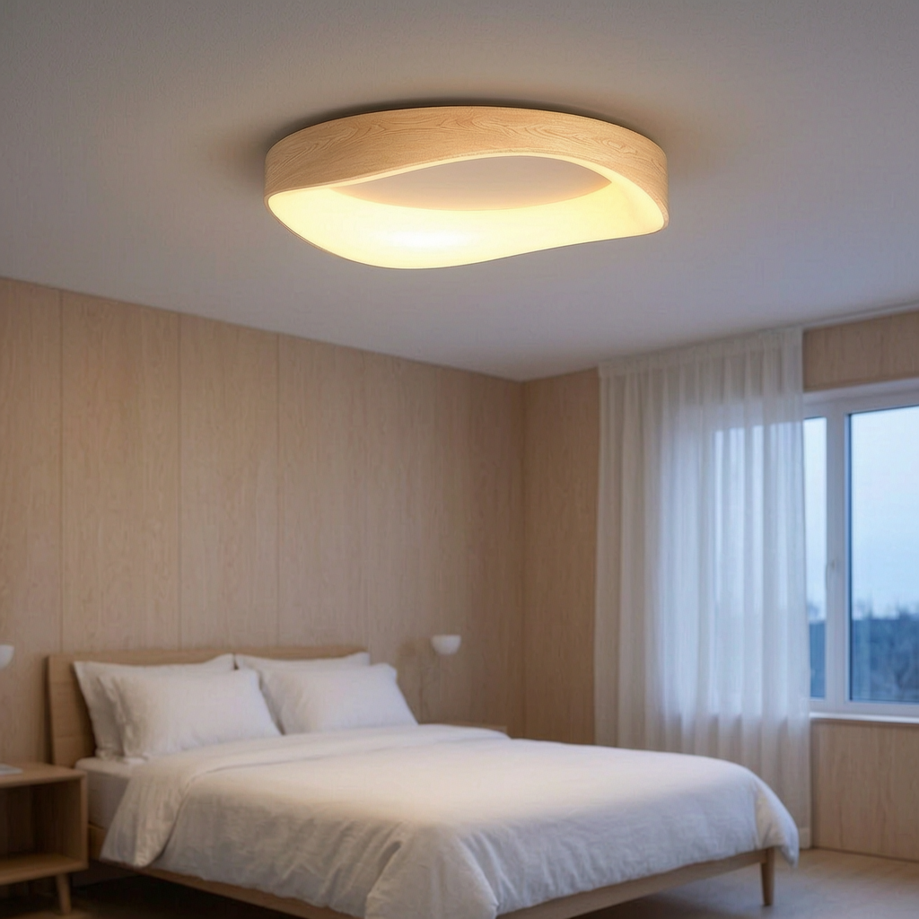 Lámpara de techo con veta de madera encendida en un dormitorio