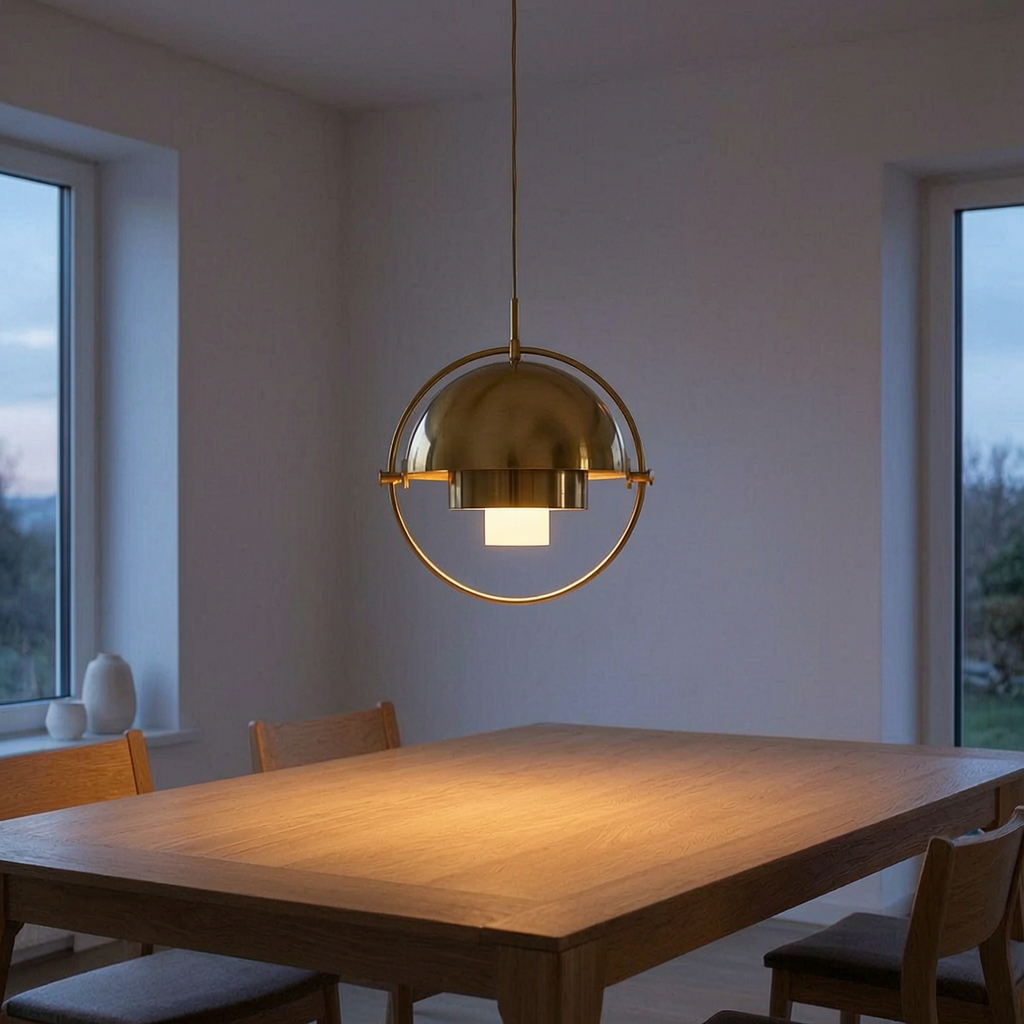 Lámpara colgante nórdica encendida sobre una mesa de comedor