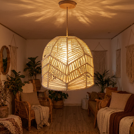 Pantalla de cuerda tejida encendida en un salón boho