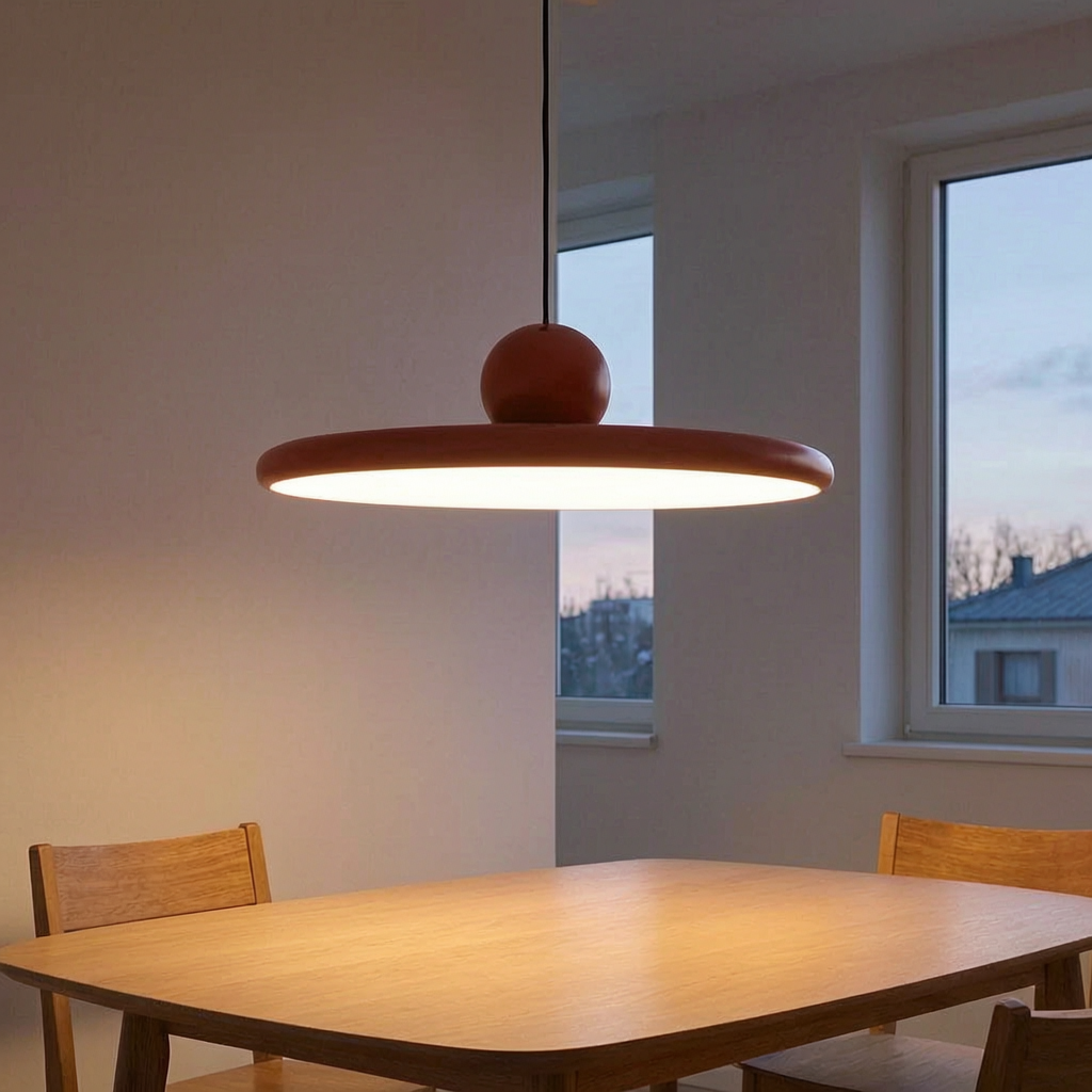 Lámpara colgante platillo volador encendida sobre una mesa