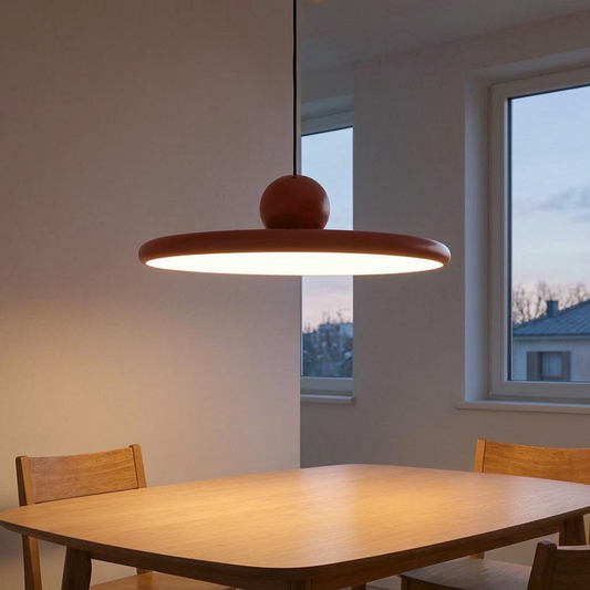 Lámpara colgante platillo volador encendida sobre una mesa