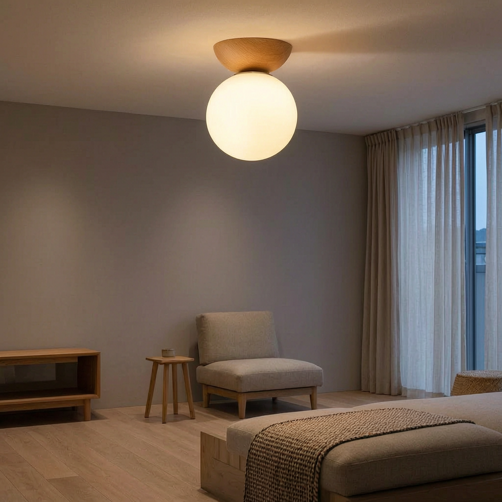 Lámpara de techo estilo japonés encendida en un salón japandi