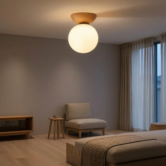 Lámpara de techo estilo japonés encendida en un salón japandi