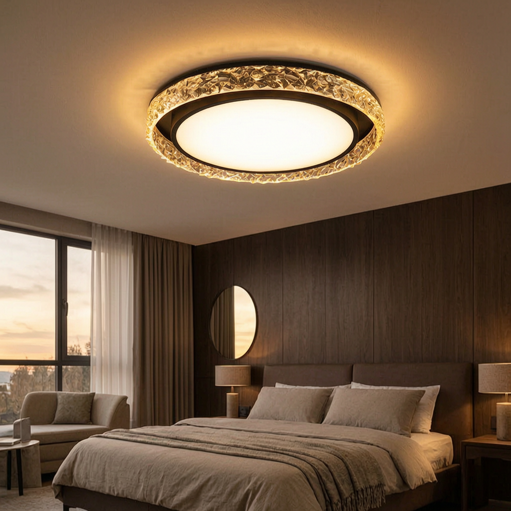 Lámpara de techo Crystal Halo encendida en un dormitorio elegante