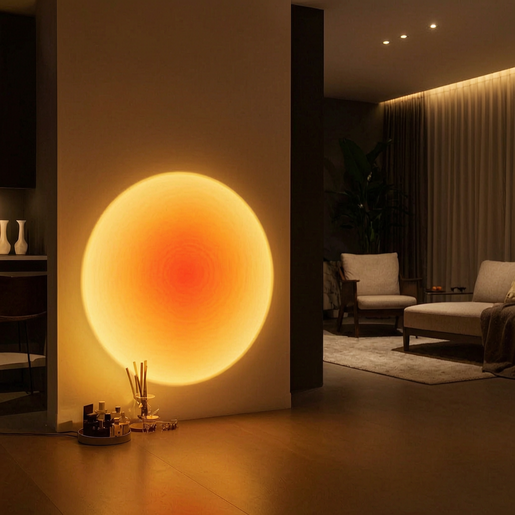 Lámpara de proyección de atardecer encendida en un salón
