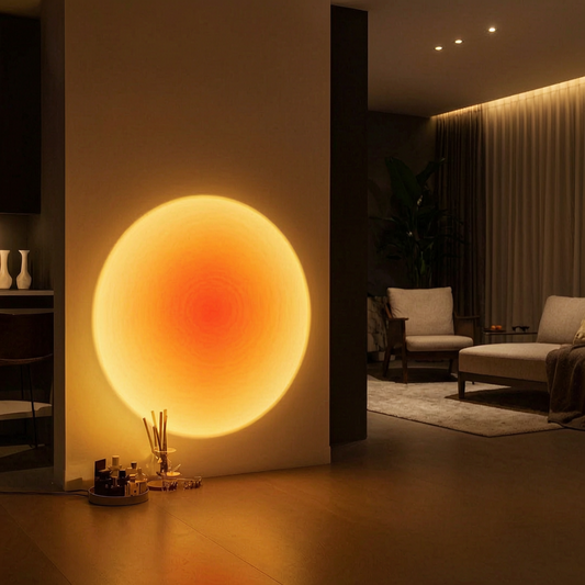 Lámpara de proyección de atardecer encendida en un salón