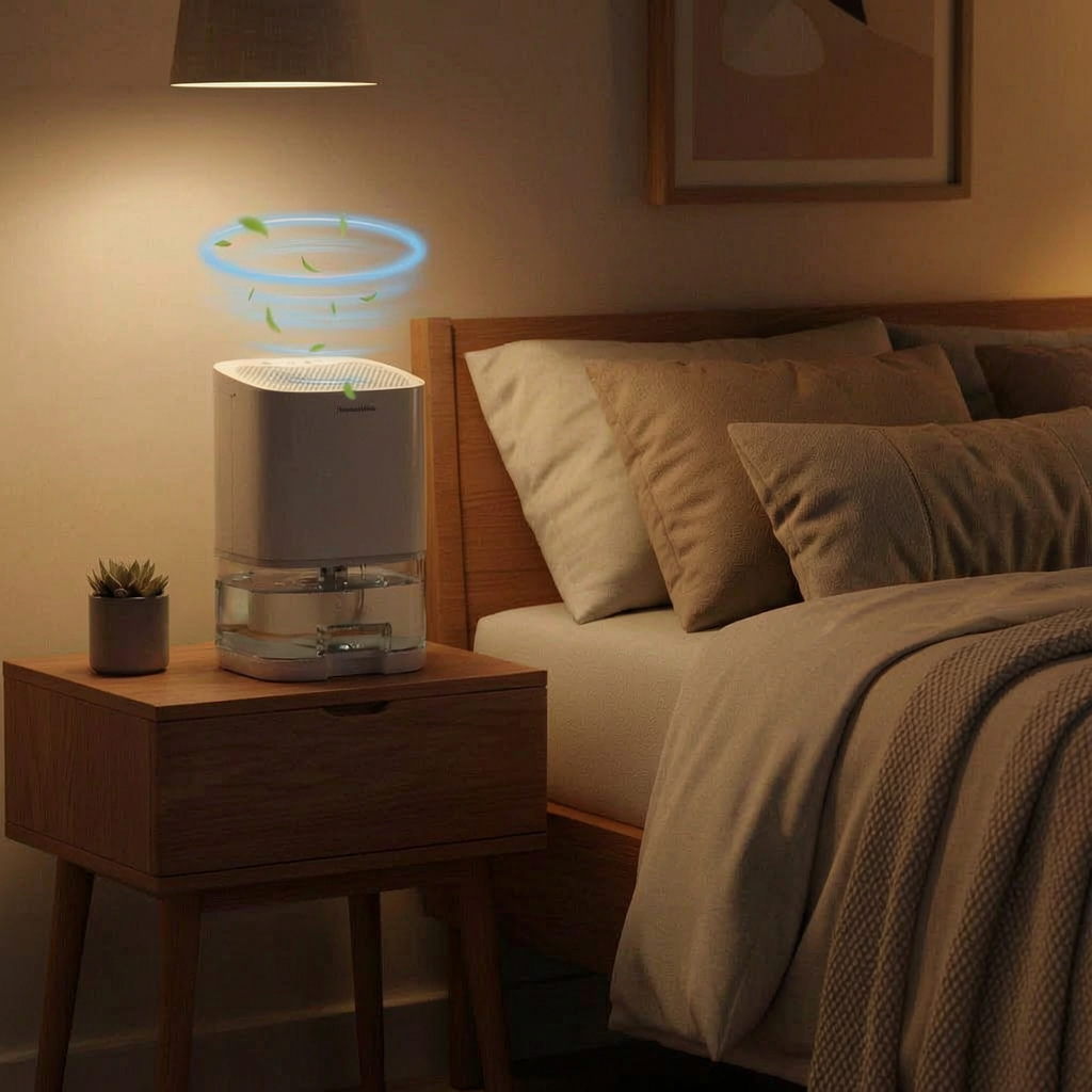 Deshumidificador con luz nocturna en una mesita de noche