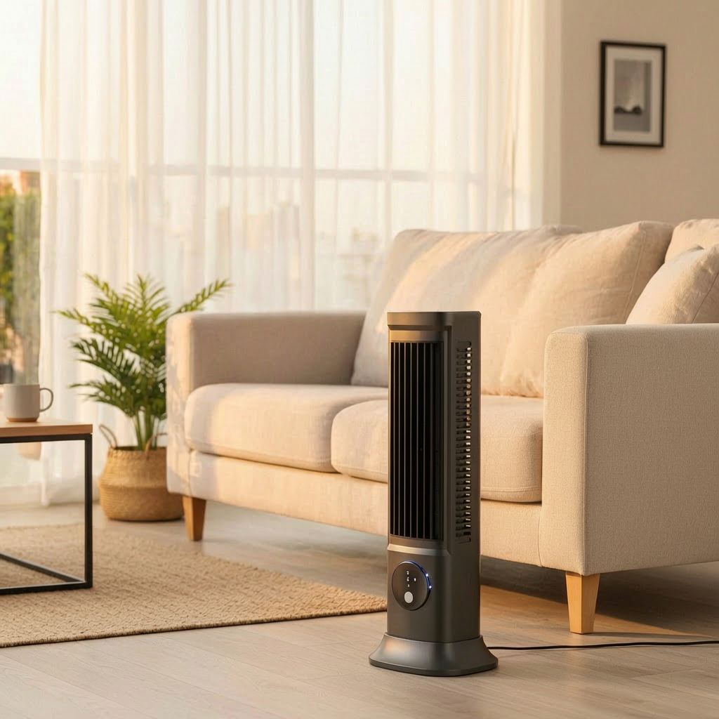 Ventilador de torre junto a un sofá en un salón luminoso