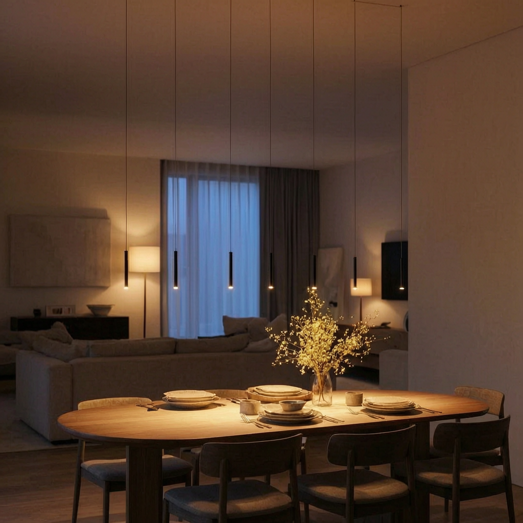 Lámpara colgante geométrica encendida sobre una mesa de comedor