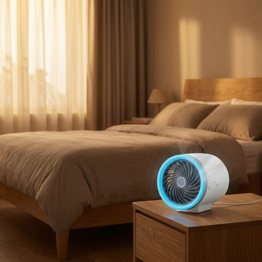 Ventilador portátil con luz LED en una mesita de noche
