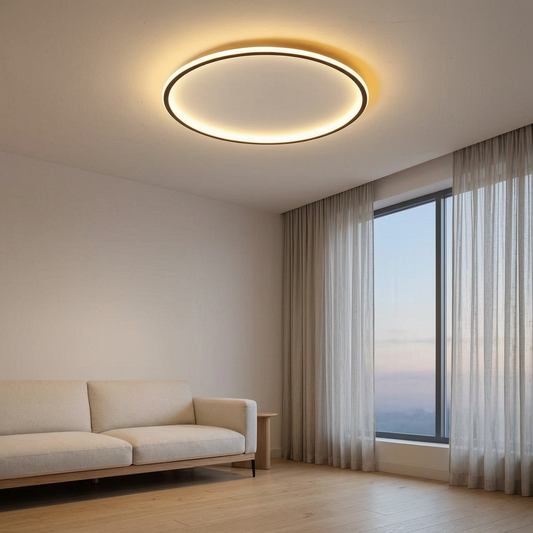 Luz de techo LED redonda encendida en un salón nórdico