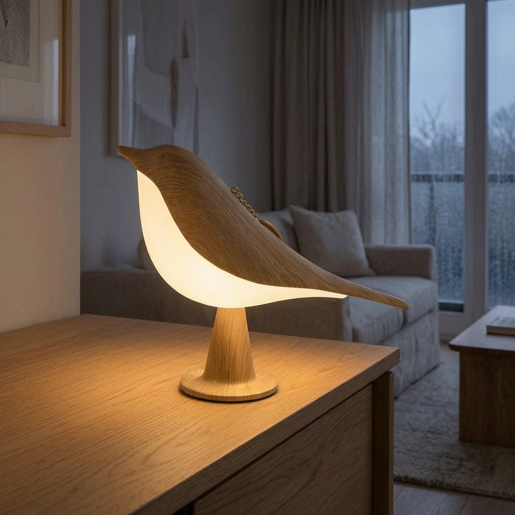 Lámpara de mesa con forma de pájaro encendida sobre un aparador