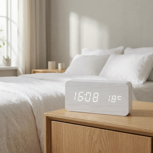 Reloj despertador de madera en una mesita de noche