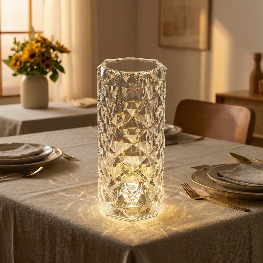 Lámpara de mesa táctil encendida sobre una mesa de comedor