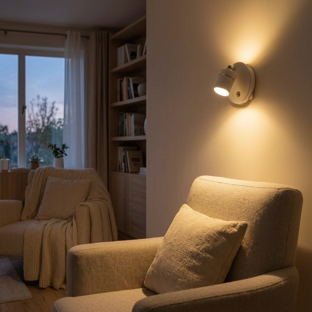 Aplique LED encendido sobre un sillón de lectura