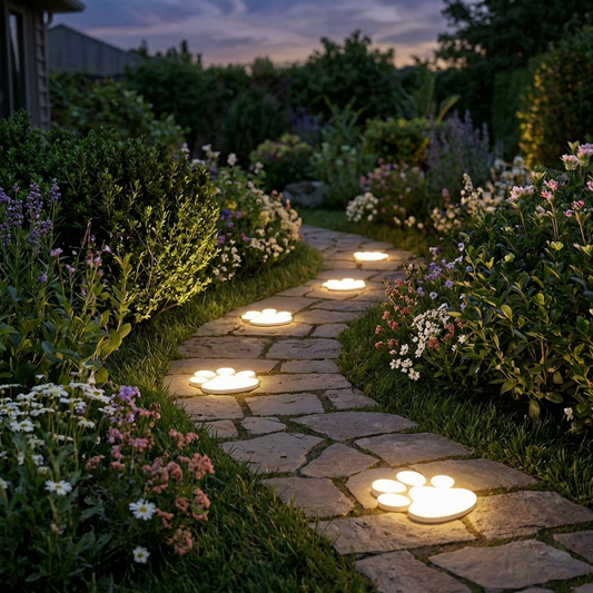 Luces solares de huella iluminando un camino de jardín