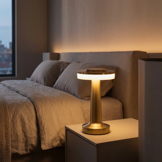 Lámpara de mesa metálica encendida en una mesita de noche