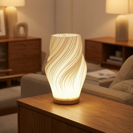 Lámpara de mesa Onda encendida sobre una consola de madera