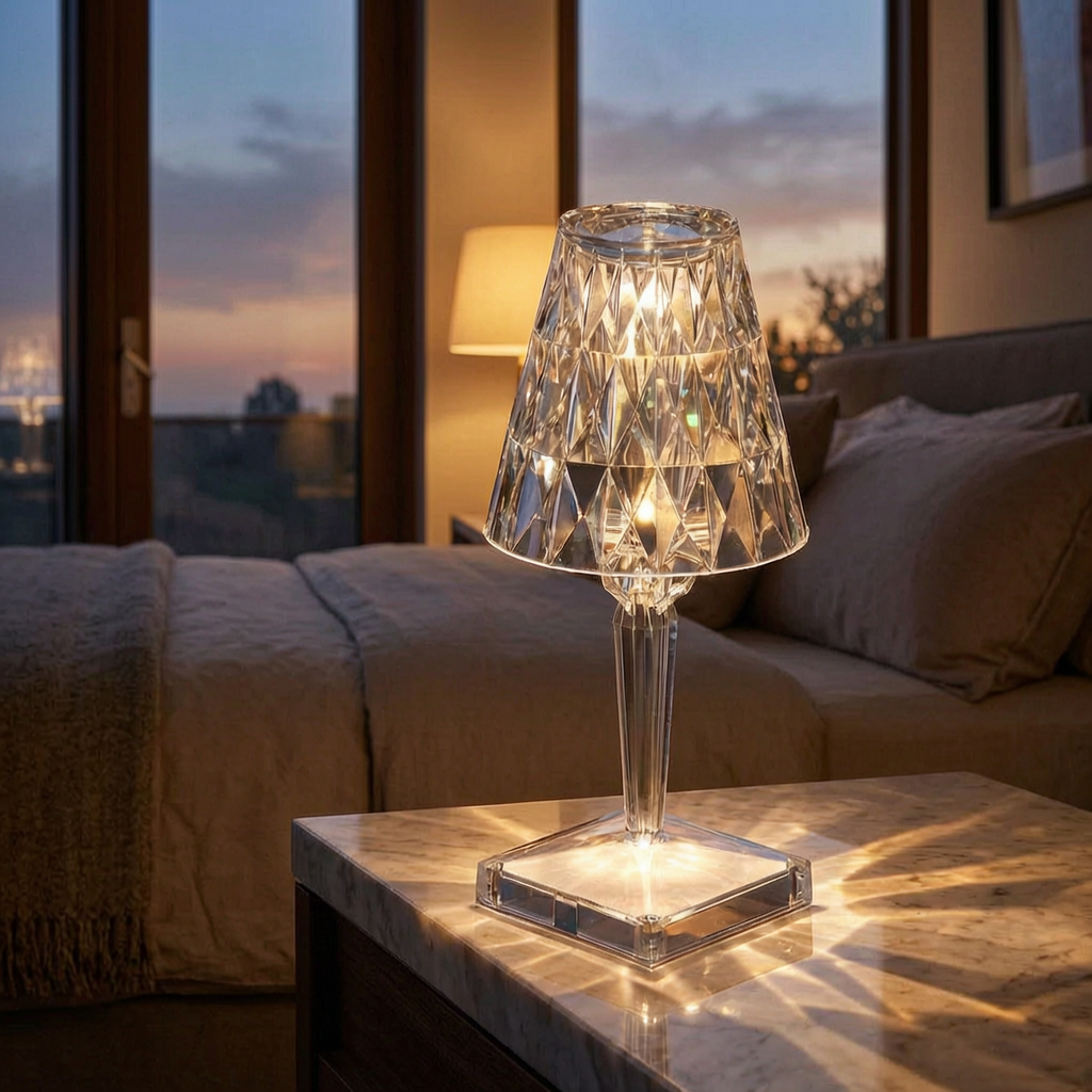 Lámpara de mesa de cristal encendida en un dormitorio elegante