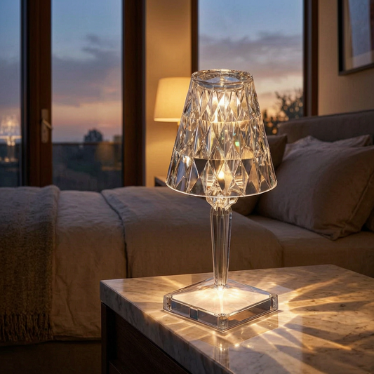 Lámpara de mesa de cristal encendida en un dormitorio elegante