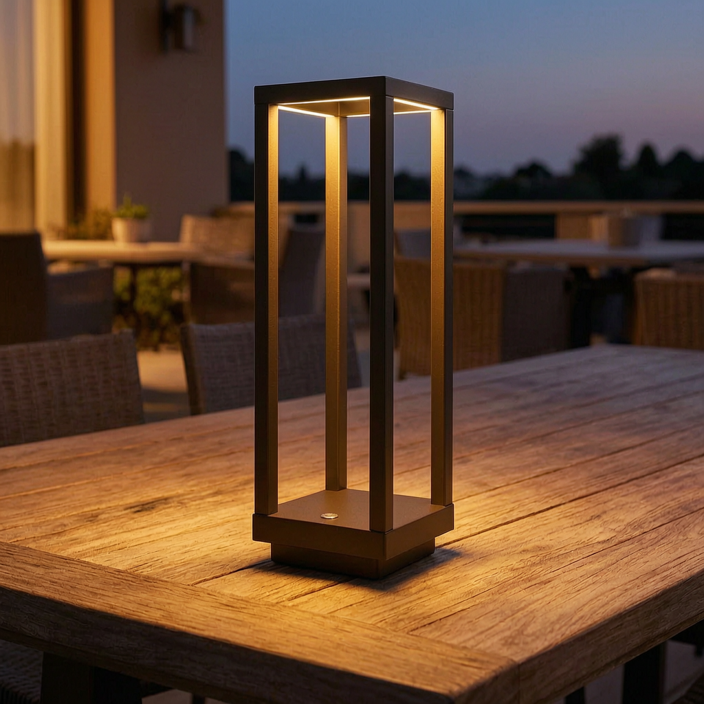 Lámpara de mesa portátil encendida en una terraza