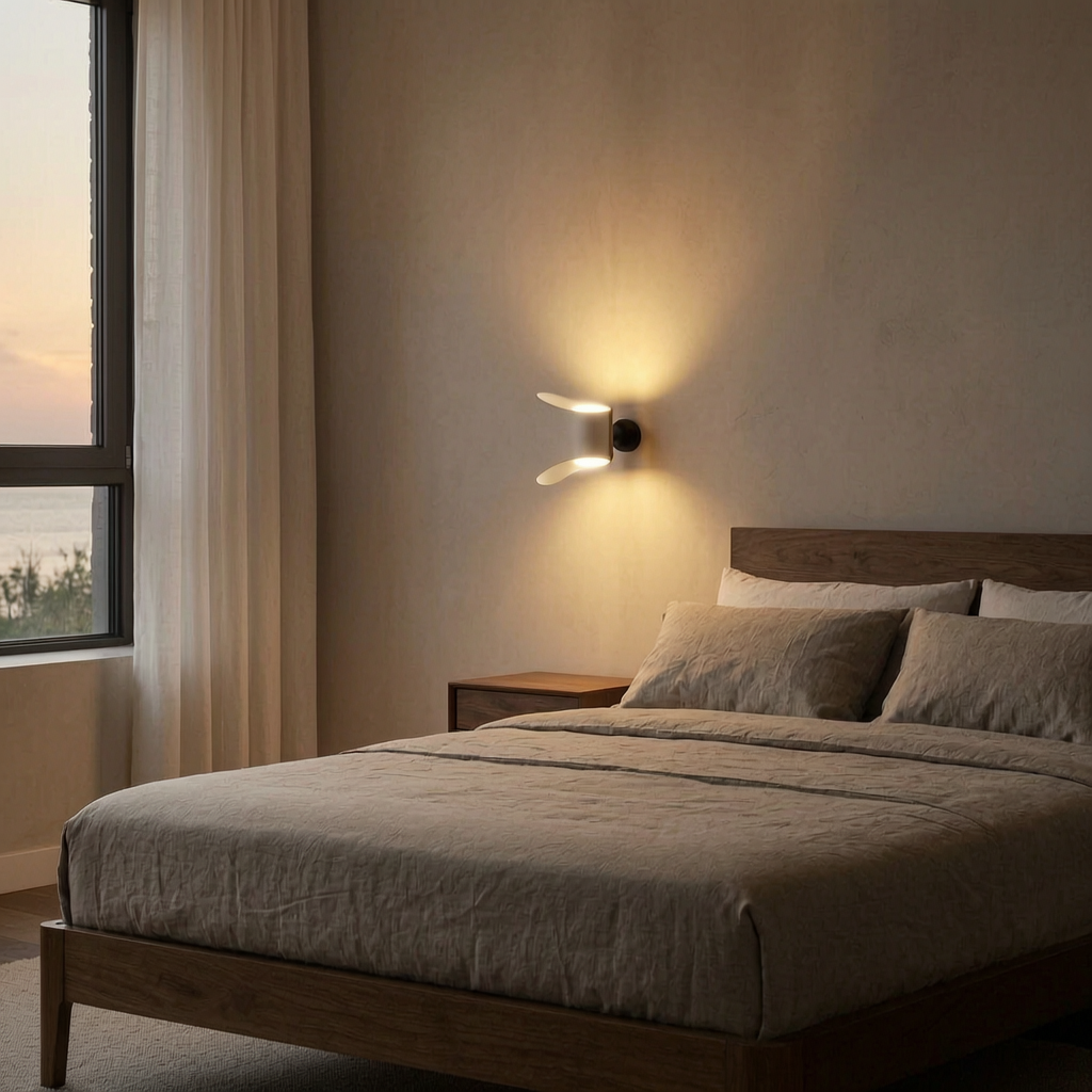 Aplique de pared LED encendido junto a una cama