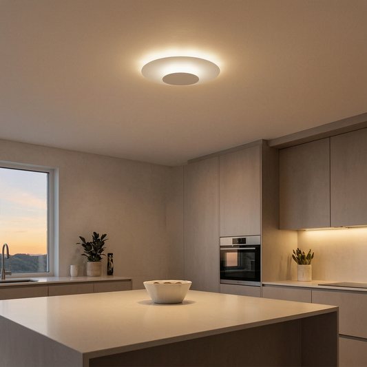 Luz de techo LED encendida en una cocina moderna