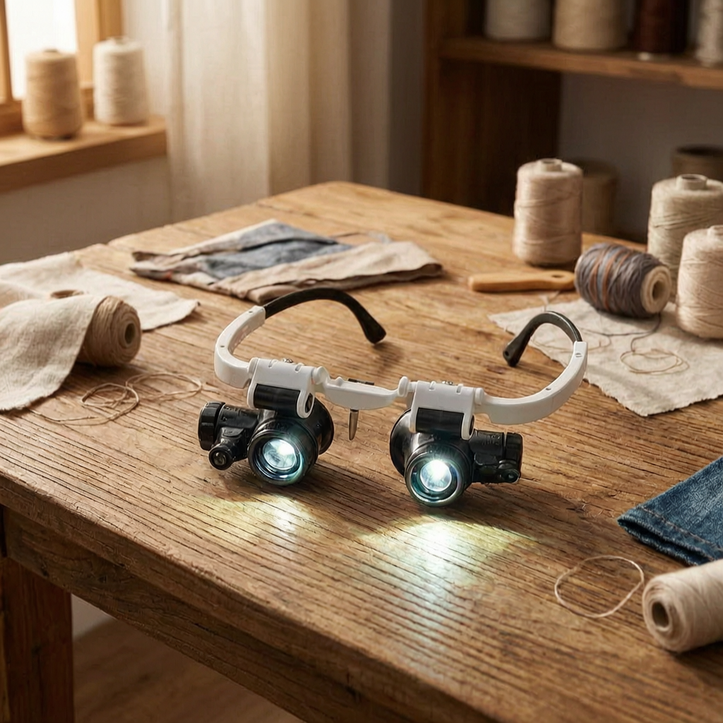 Gafas de aumento con luz LED sobre una mesa de manualidades