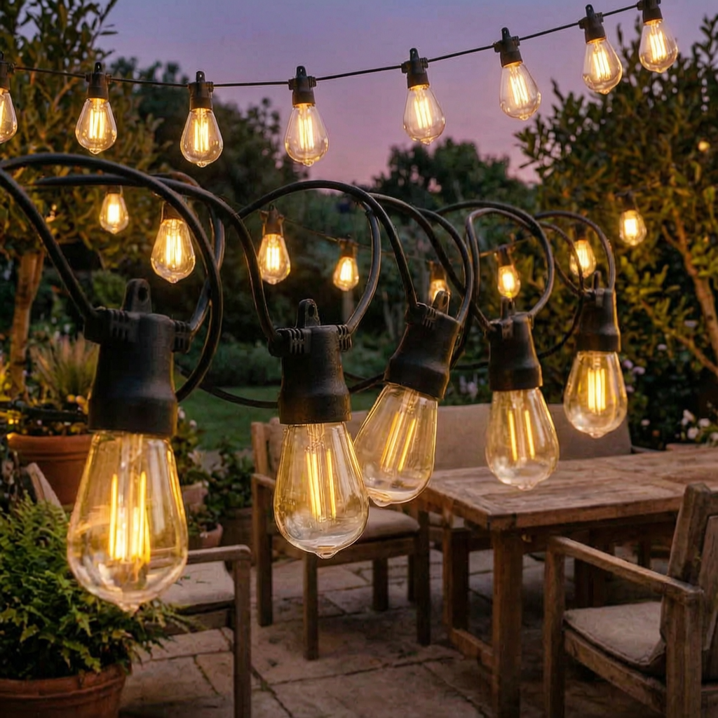 Guirnalda de luces solares sobre una terraza de jardín