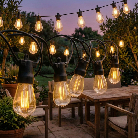 Guirnalda de luces solares sobre una terraza de jardín