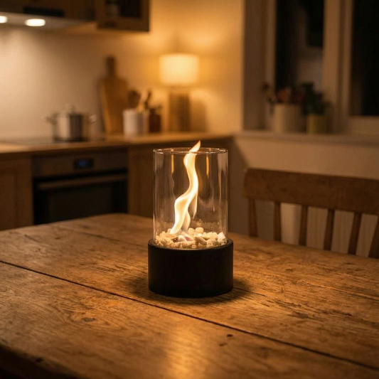 Lámpara de aceite encendida sobre una mesa rústica