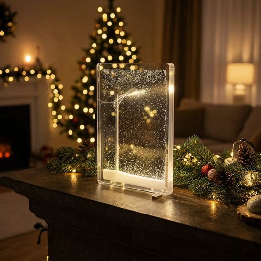 Lámpara con efecto nevada encendida en un salón navideño