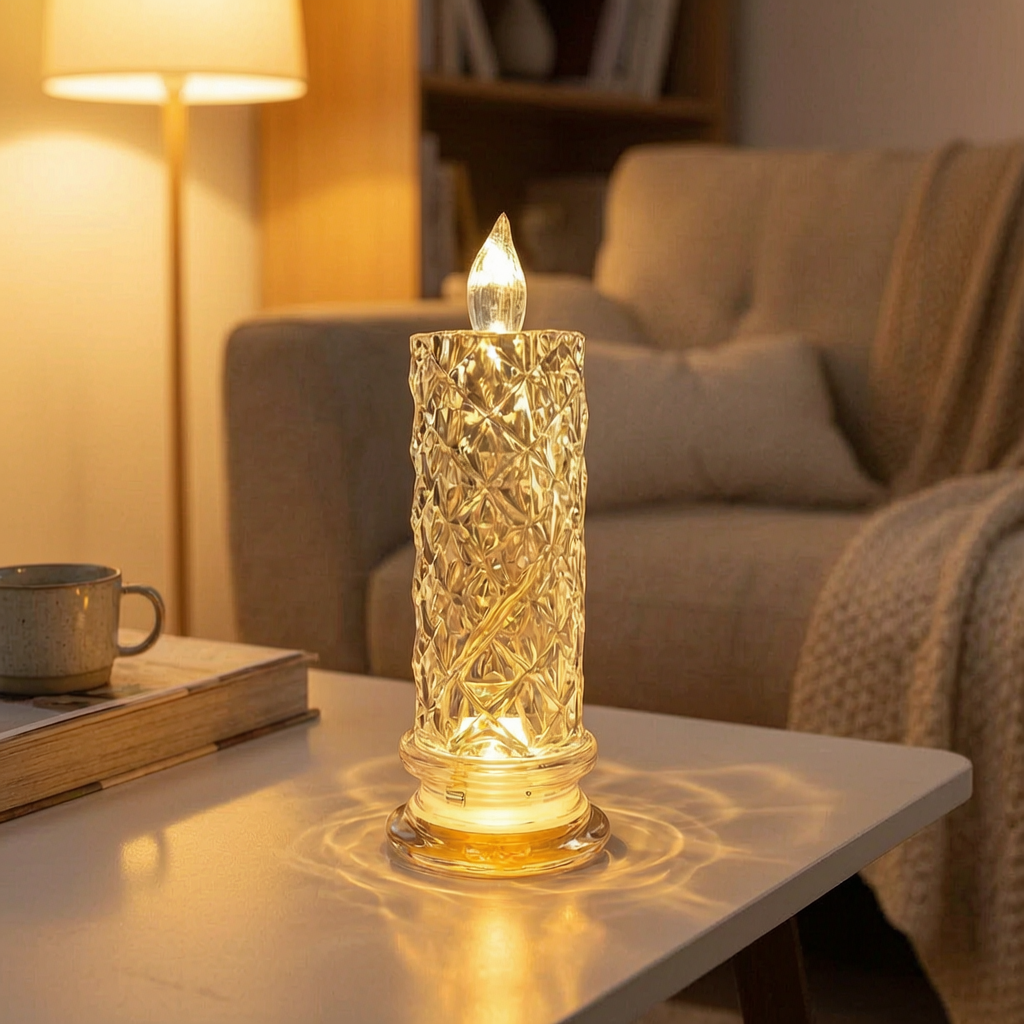 Velas LED encendidas sobre una mesa de centro