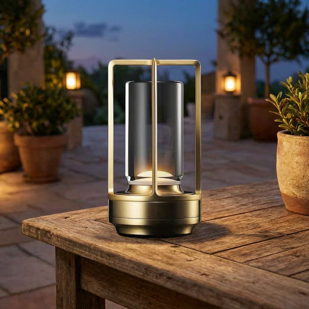 Farol recargable encendido en un patio