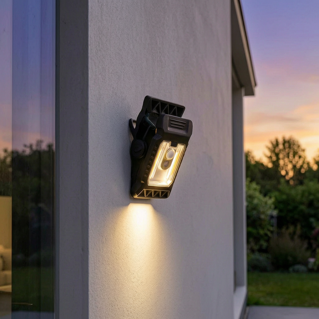Luz solar con sensor encendida en la fachada de una casa