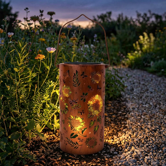 Farol solar encendido junto a un camino de jardín