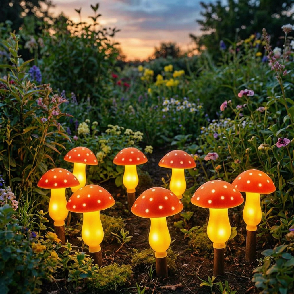 Luces solares con forma de seta en un parterre de jardín