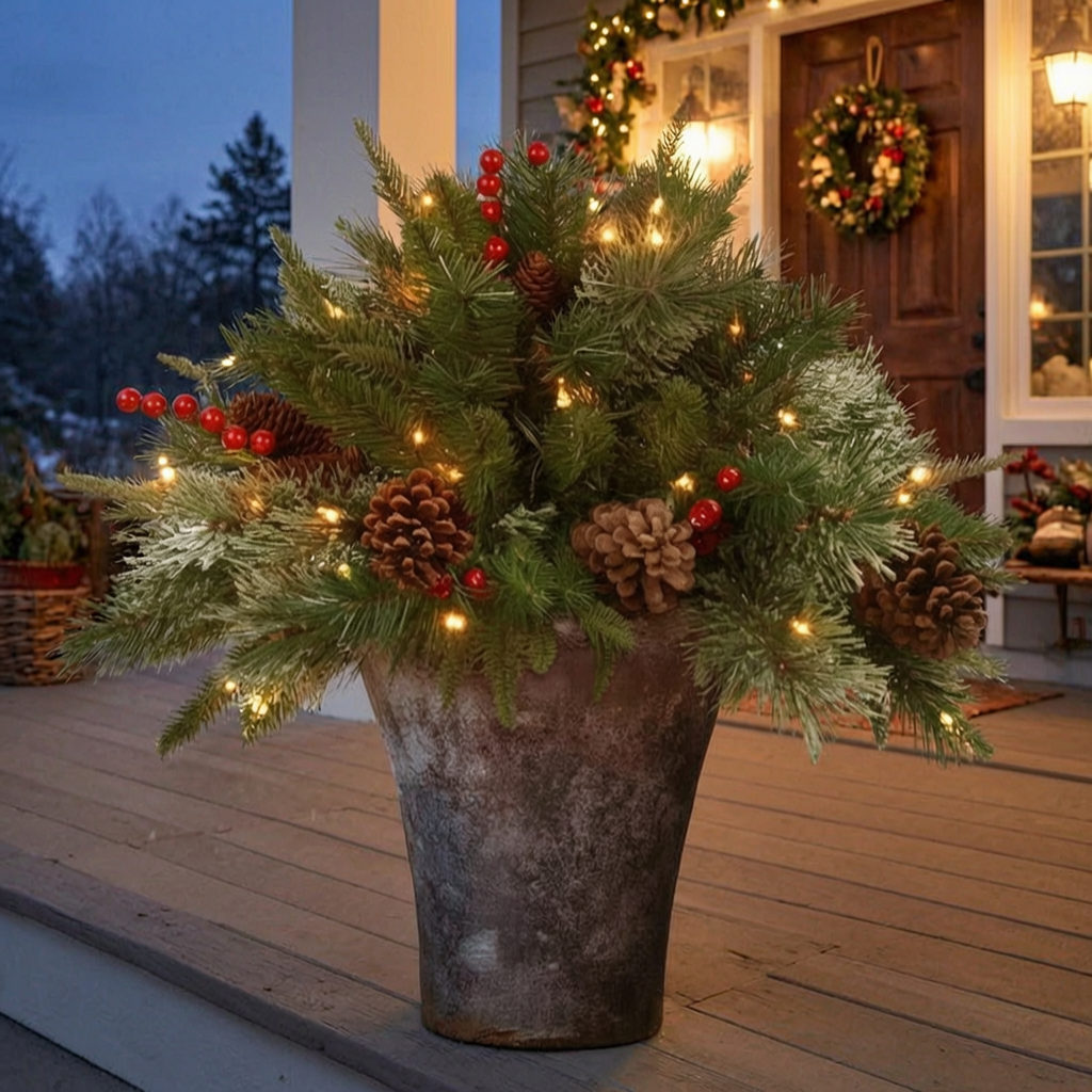 Relleno de urna navideño con luces en la entrada de una casa