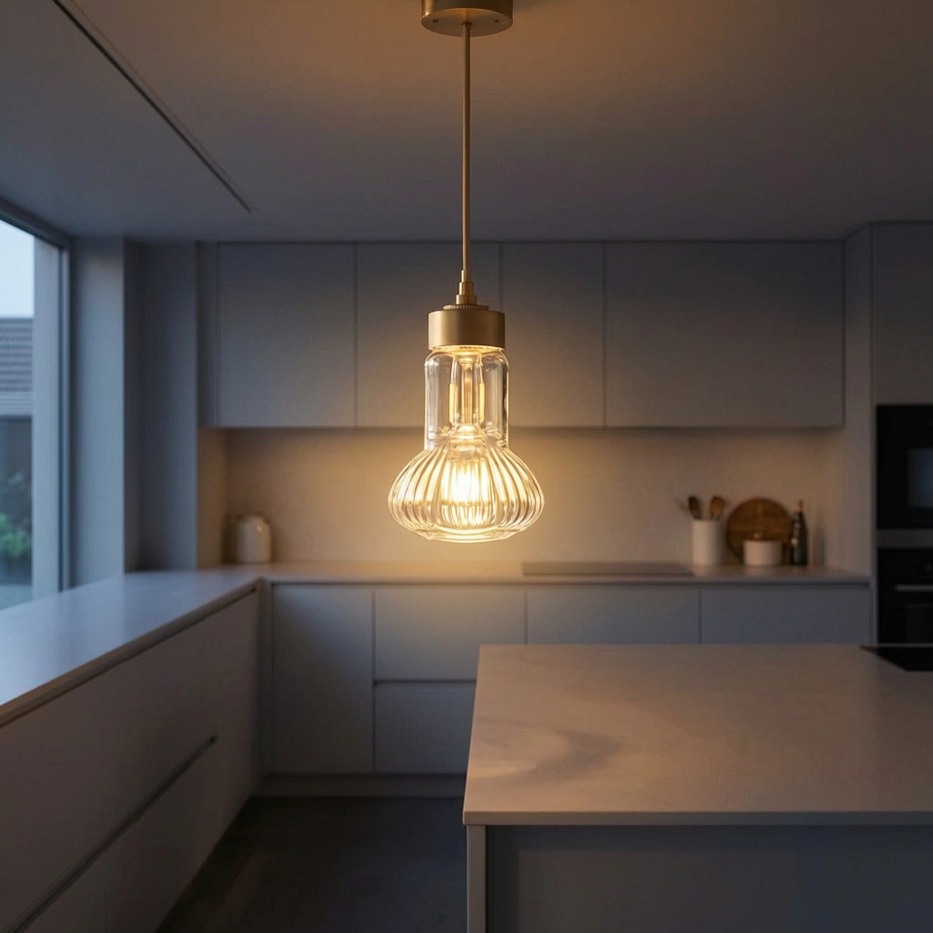 Bombilla LED encendida en una cocina moderna