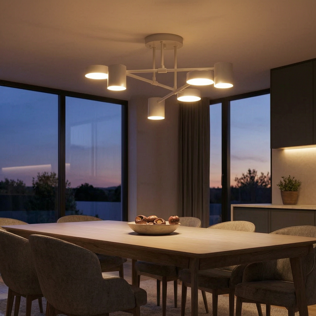 Lámpara colgante geométrica encendida sobre una mesa de comedor