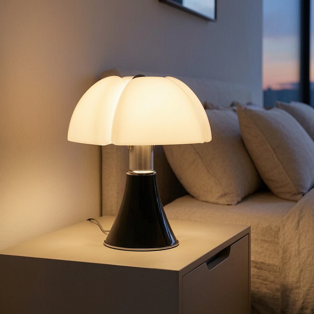Lámpara de mesa flor encendida en una mesita de noche