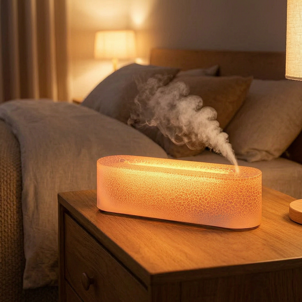 Humidificador con luz de colores en una mesita de noche