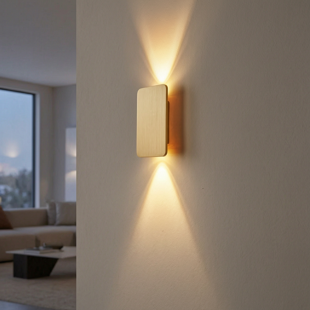 Lámpara de pared cuadrada encendida en un salón moderno