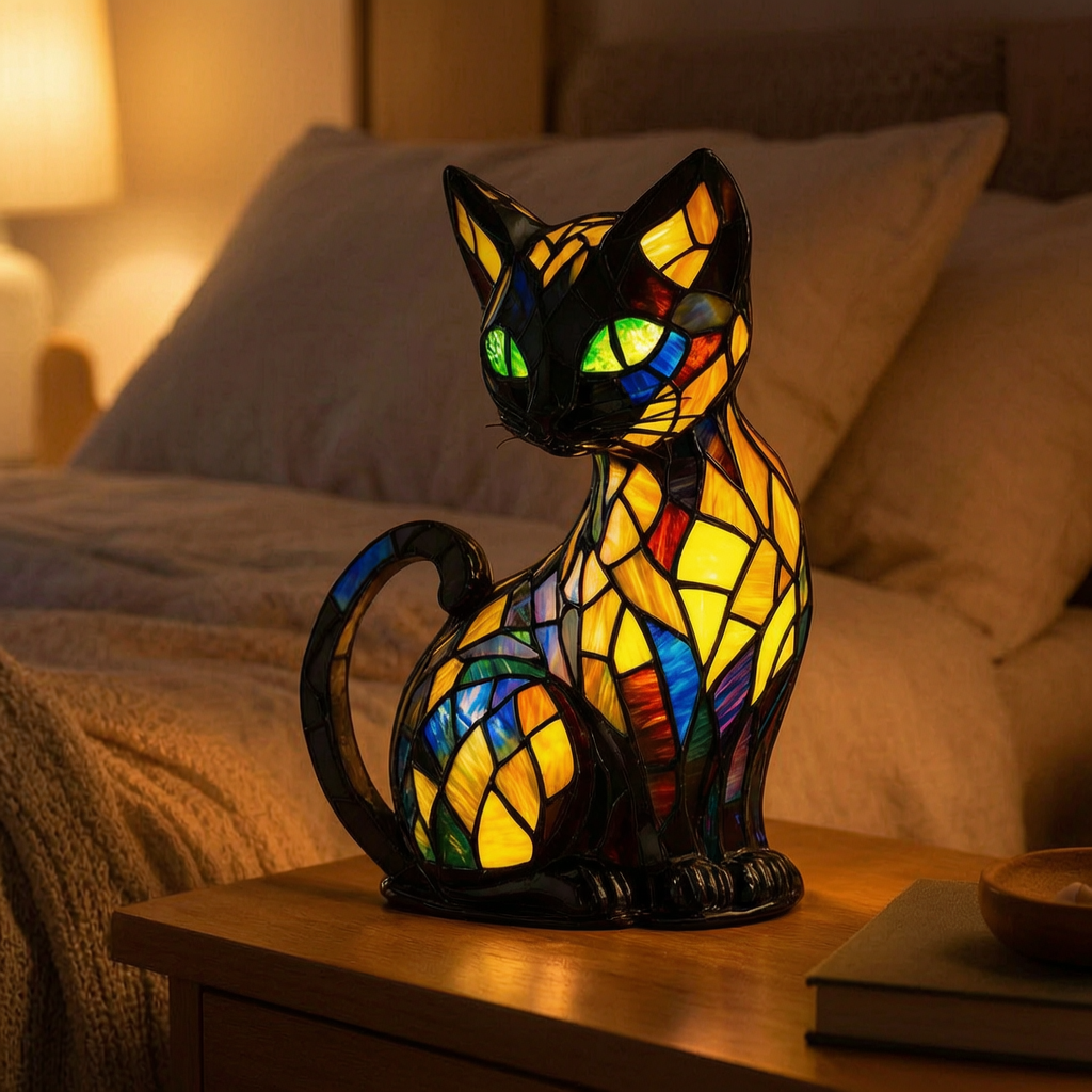 Lámpara de gato de vitral encendida en una mesita de noche