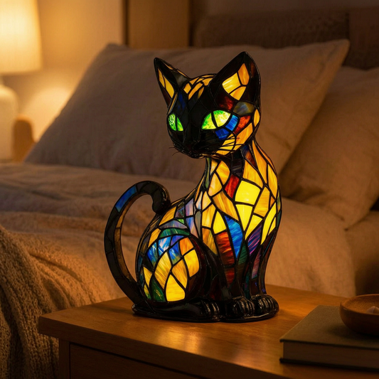 Lámpara de gato de vitral encendida en una mesita de noche