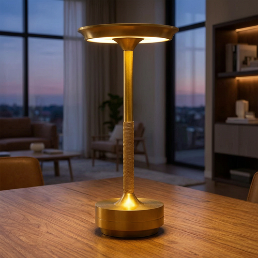 Lámpara de mesa metálica encendida sobre una mesa de comedor