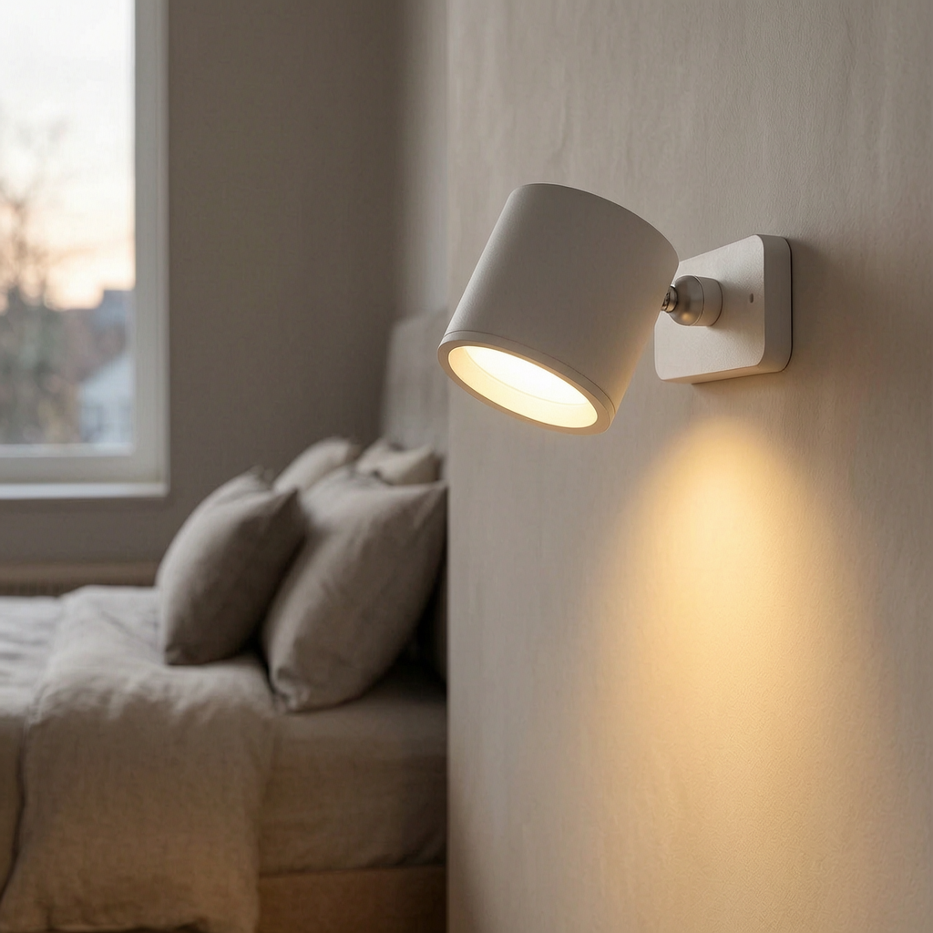 Lámpara de pared magnética encendida junto a una cama