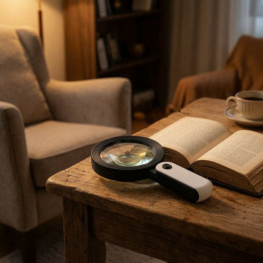 Lupa de mano con luz LED sobre un libro abierto
